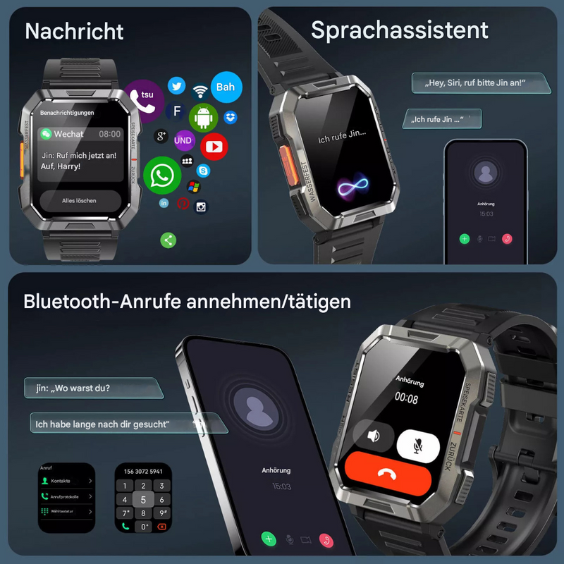 Smartwatch mit Sprachassistent, Nachrichtenfunktion, Bluetooth-Anrufe, schwarzes Armband.