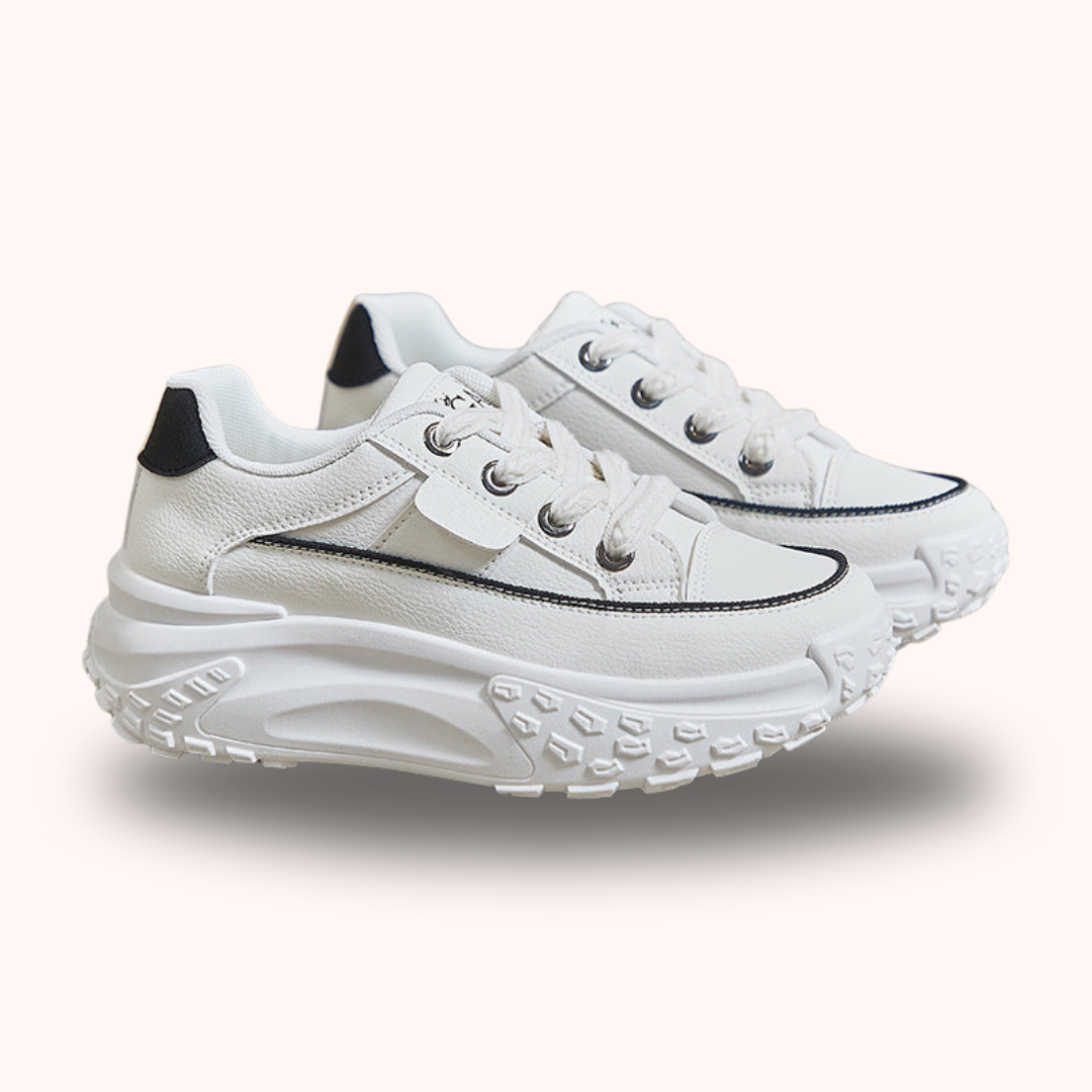 Weiße Sneaker mit dicker Sohle, sportlich, modisch, Damen, Herren, bequem, atmungsaktiv.