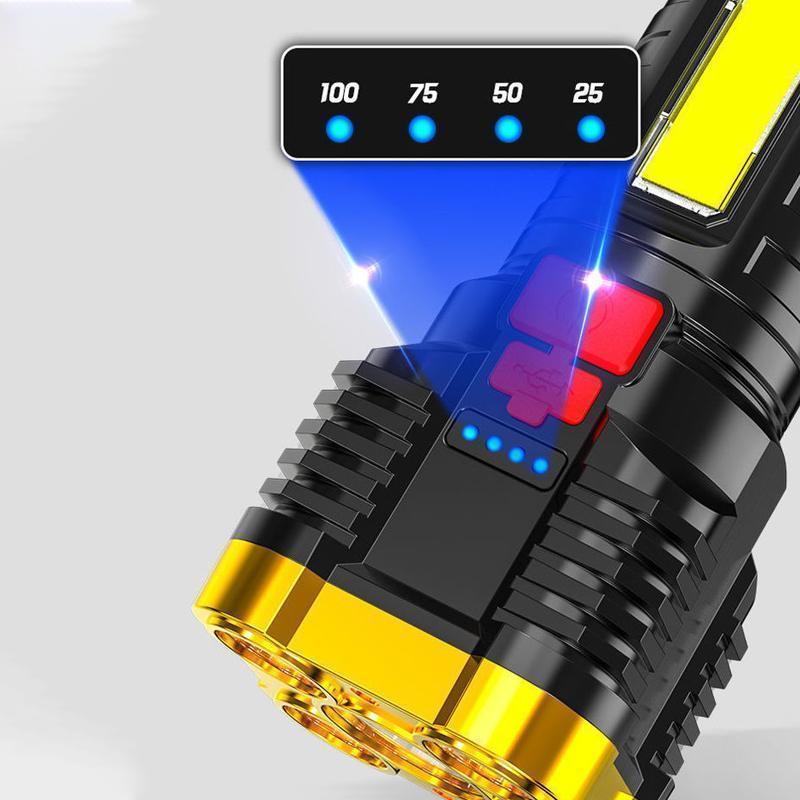 Leistungsstarke LED-Taschenlampe, schwarz-gold, mit Batteriestandsanzeige und rotem Schalter.