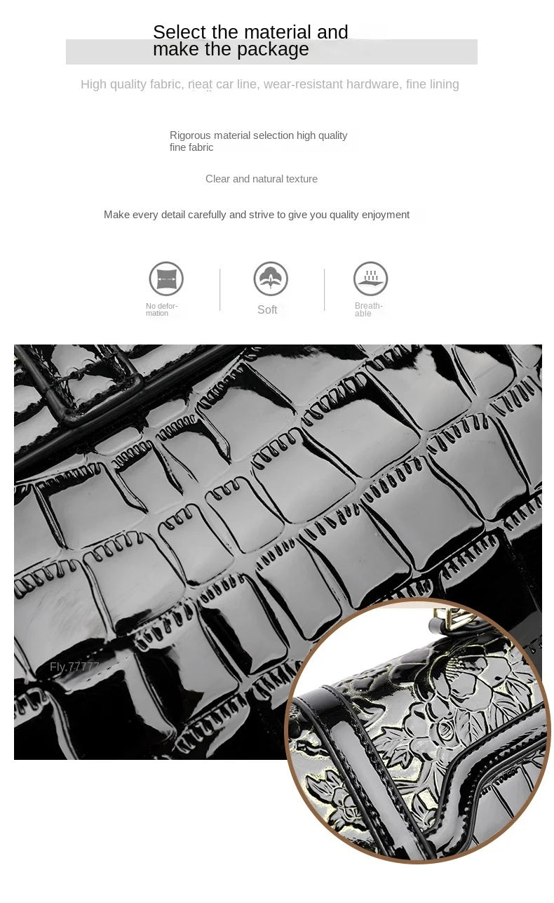 Schwarze Lederhandtasche mit Krokodilprägung, glänzend, elegant, Damenmode-Accessoire.