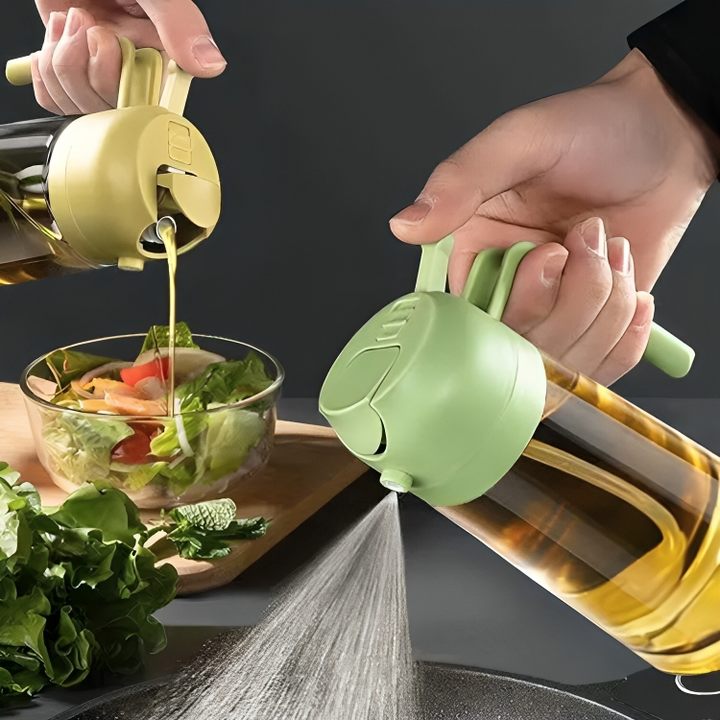Grüne Ölsprüher und -spender aus Kunststoff, ideal für Salate und Kochen.