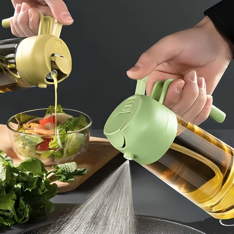 Grüne Ölsprüher und -spender aus Kunststoff, ideal für Salate und Kochen.
