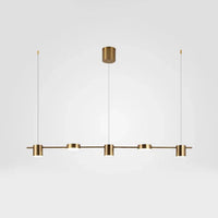 Moderne goldene Pendelleuchte mit vier runden Lampen, minimalistisch, für Esszimmerbeleuchtung.