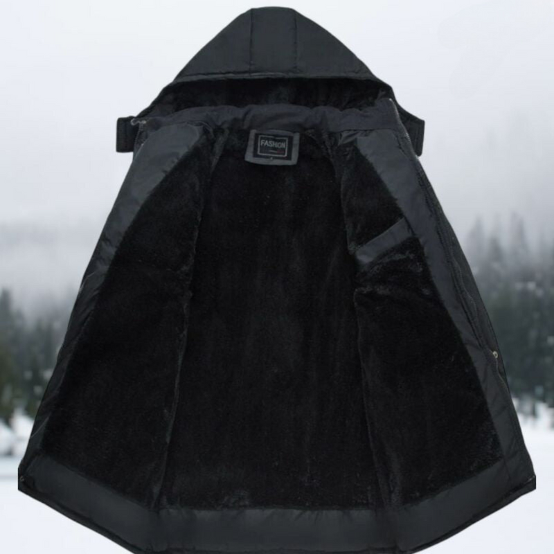 Schwarzer Wintermantel mit Kapuze, gefüttert, warm, modisch, für kaltes Wetter, Unisex.