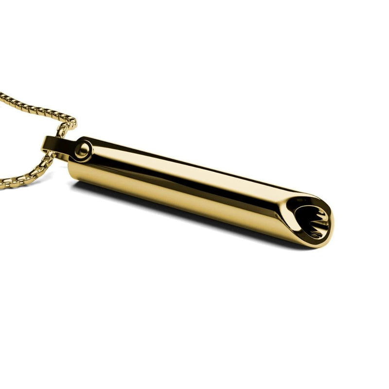 Goldener Zylinder-Anhänger an Kette, minimalistisches Design, Schmuck für Damen und Herren.