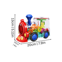 Bunter Spielzeugzug mit Zahnrädern, transparentem Gehäuse, 20cm lang, 13cm hoch.