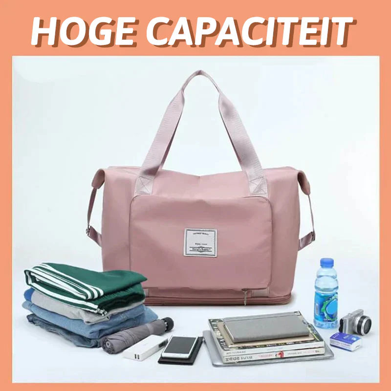 Rosa Reisetasche mit hoher Kapazität, faltbar, mit Kleidung, Wasserflasche und Elektronik.