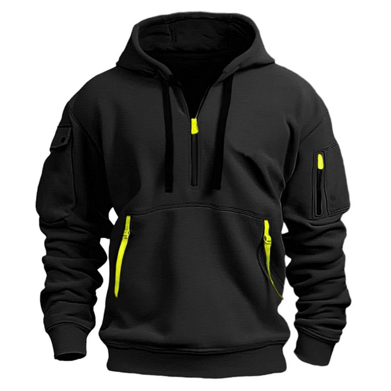 Schwarzer Hoodie mit gelben Reißverschlüssen, Baumwolle, Herrenmode, Freizeitkleidung.