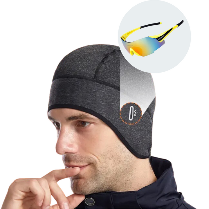 Mütze für kaltes Wetter, grau, mit Brillenhalterung, ideal für Outdoor-Sportarten.