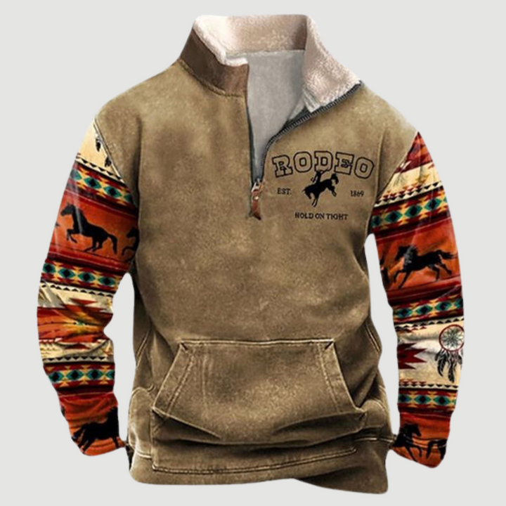 Brauner Rodeo-Pullover mit Pferdemuster, Reißverschluss, Kängurutasche, Ethno-Design-Ärmeln.