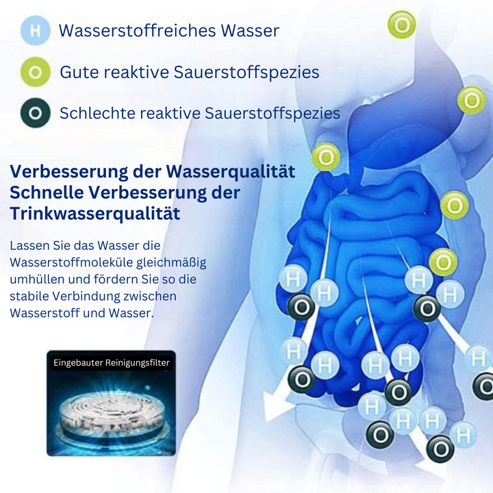 Diagramm zur Verbesserung der Wasserqualität mit Wasserstoff, Sauerstoff und Reinigungsfilter.