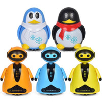 Fünf bunte Roboter-Spielzeuge, Pinguin-Design, blau, schwarz, gelb, orange, Kinder, Geschenk.