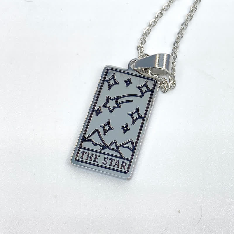 Silberne Tarot-Anhänger "The Star" mit Kette, Sternenmuster, Edelstahl, Schmuck für Damen.