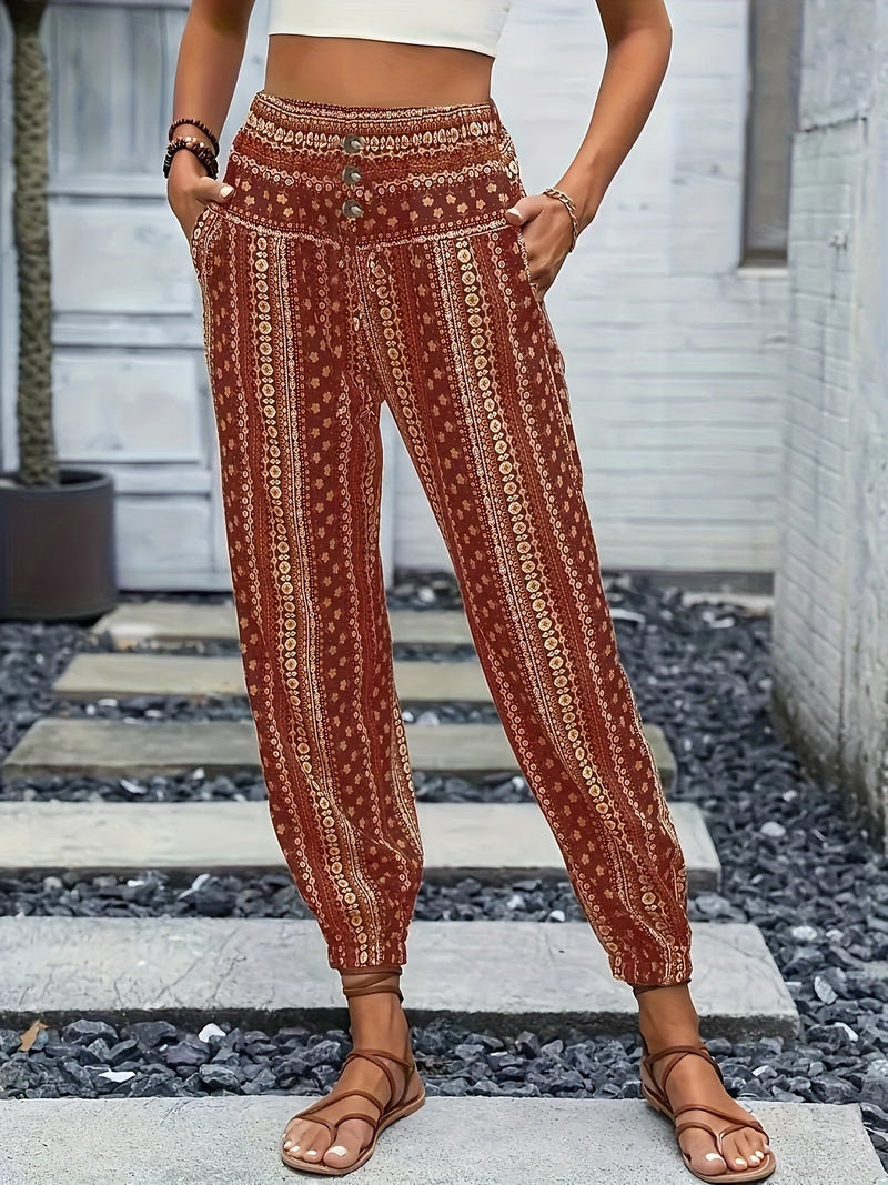 Boho High-Waist Damenhose mit Print & gesmoktem Bund – Linara