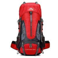 Roter Wanderrucksack 65L, wasserdicht, langlebig, ideal für Outdoor-Abenteuer und Trekking.