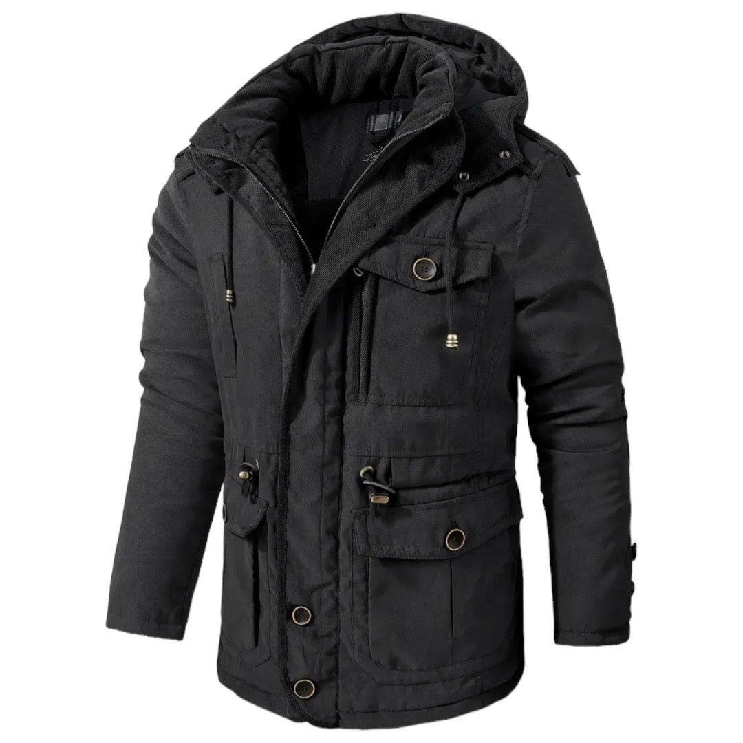 Schwarze Herren-Winterjacke mit Kapuze, warm gefüttert, modisch, Outdoor-Bekleidung.