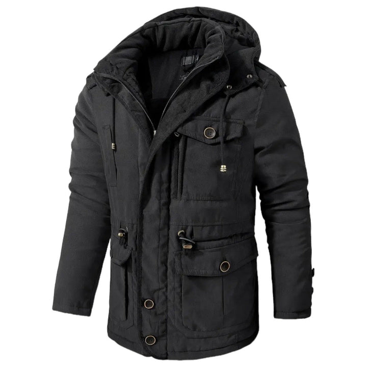 Schwarze Herren-Winterjacke mit Kapuze, warm gefüttert, modisch, Outdoor-Bekleidung.