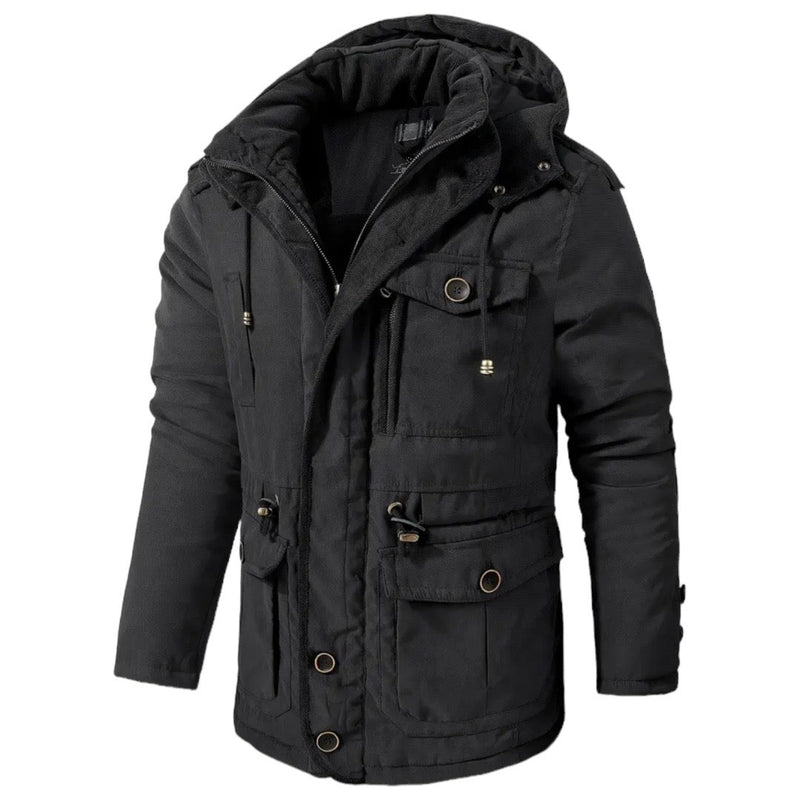 Schwarze Herren-Winterjacke mit Kapuze, warm gefüttert, modisch, Outdoor-Bekleidung.