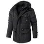 Schwarze Herren-Winterjacke mit Kapuze, warm gefüttert, modisch, Outdoor-Bekleidung.