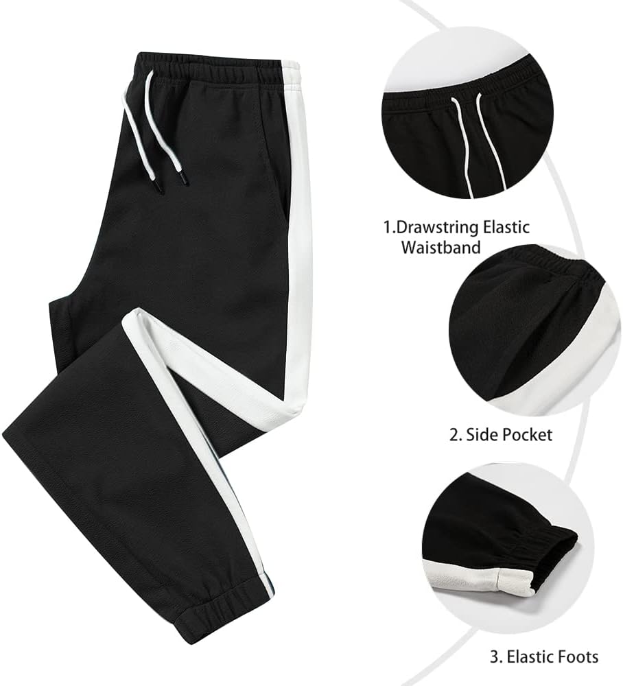 Schwarze Jogginghose mit weißem Streifen, elastischem Bund, Seitentasche, Sportbekleidung.