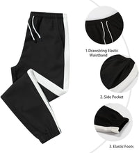 Schwarze Jogginghose mit weißem Streifen, elastischem Bund, Seitentasche, Sportbekleidung.