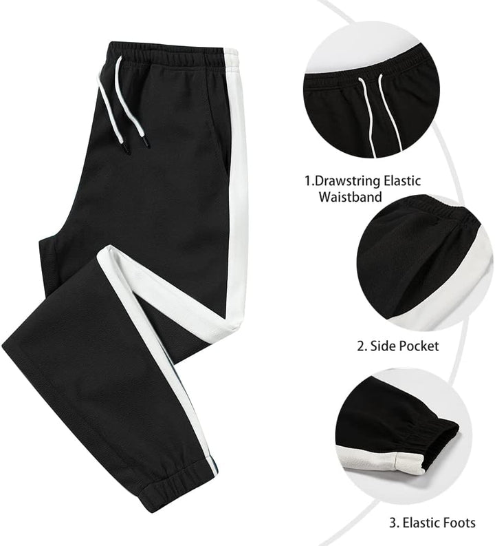 Schwarze Jogginghose mit weißem Streifen, elastischem Bund, Seitentasche, Sportbekleidung.