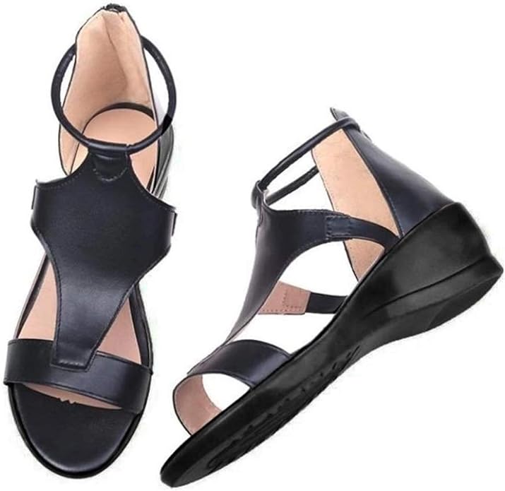 Schwarze Damen-Sandalen, Leder, flach, modisch, bequem, Sommermode, rutschfeste Sohle.