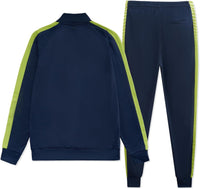 Dunkelblauer Trainingsanzug mit limettengrünen Streifen, Sportbekleidung Herren, Polyester.