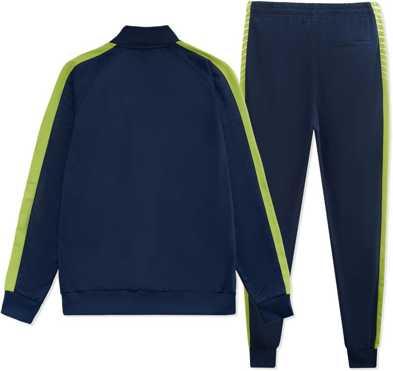 Dunkelblauer Trainingsanzug mit limettengrünen Streifen, Sportbekleidung Herren, Polyester.