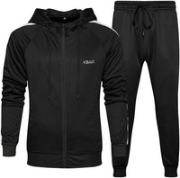 Schwarzer Trainingsanzug für Herren, Kapuzenjacke und Jogginghose, Sportbekleidung, Polyester.