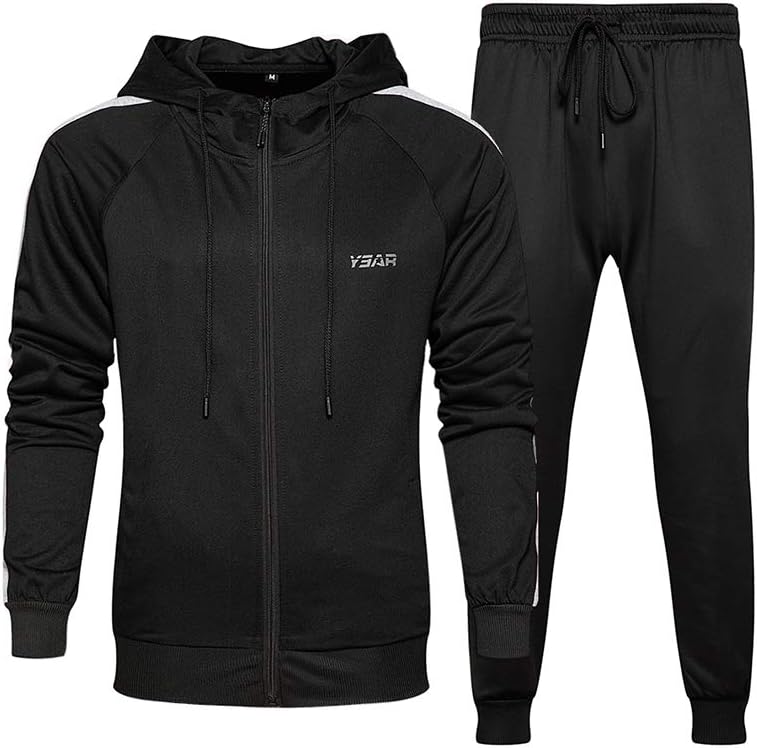 Schwarzer Trainingsanzug für Herren, Kapuzenjacke und Jogginghose, Sportbekleidung, Polyester.