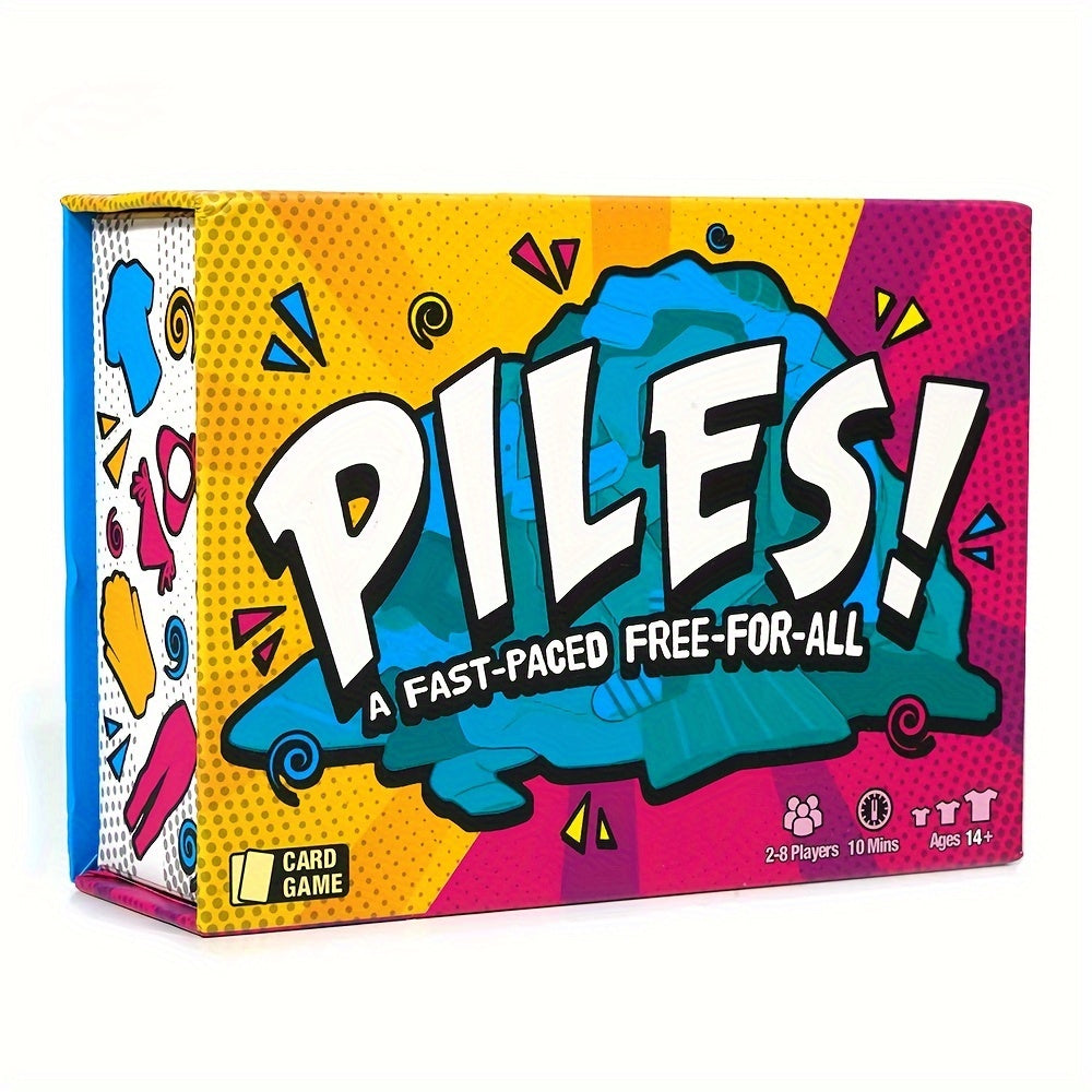 Buntes Kartenspiel "Piles" für 2-8 Spieler, schnelle Runden, ab 14 Jahren, farbenfrohe Verpackung.