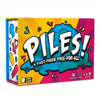 Buntes Kartenspiel "Piles" für 2-8 Spieler, schnelle Runden, ab 14 Jahren, farbenfrohe Verpackung.