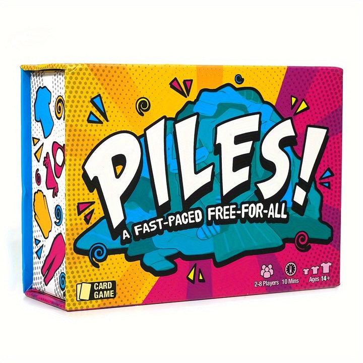 Buntes Kartenspiel "Piles" für 2-8 Spieler, schnelle Runden, ab 14 Jahren, farbenfrohe Verpackung.