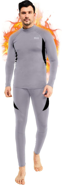 Mann in grauem Thermo-Unterwäsche-Set, langärmelig, ideal für kaltes Wetter, atmungsaktiv.