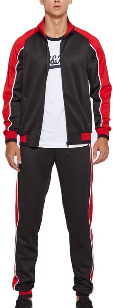 Schwarzer Trainingsanzug mit roten Streifen, Herren-Sportbekleidung, Reißverschluss, Polyester.