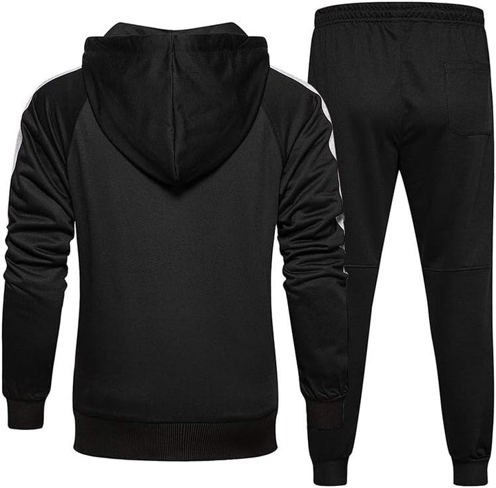 Schwarzer Trainingsanzug, Kapuzenjacke und Hose, Sportbekleidung, Herrenmode, Polyester.