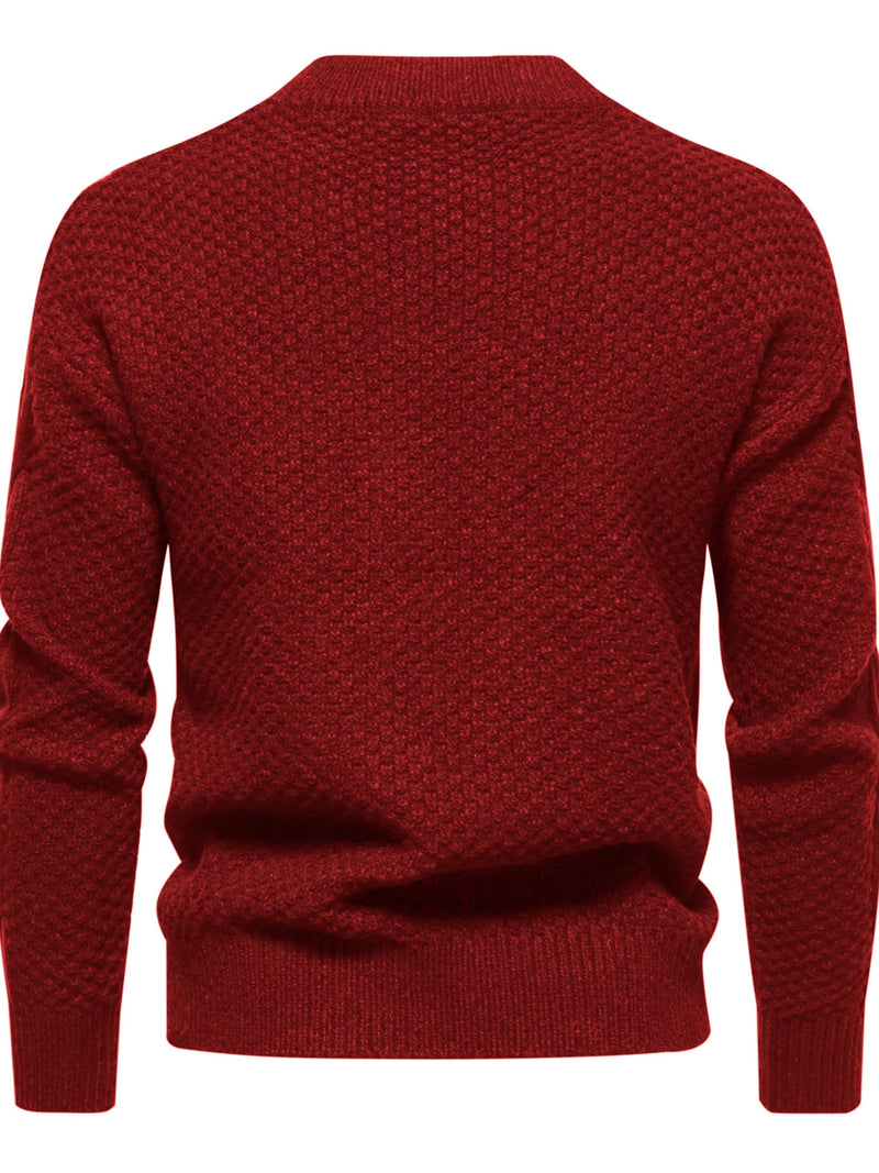 Roter Strickpullover aus Wolle, Herrenmode, warm, stilvoll, Winterkleidung, Rückansicht.