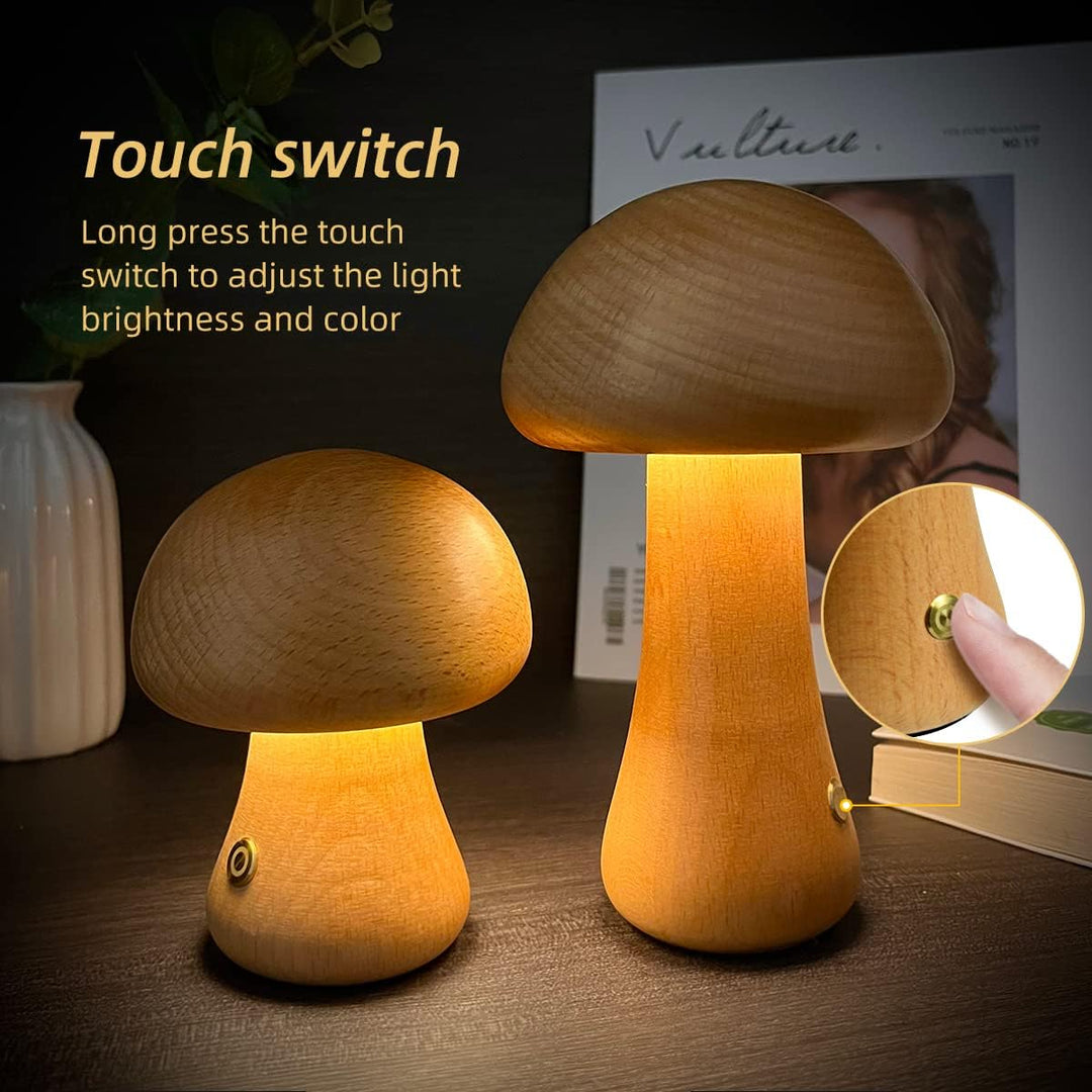 Pilzförmige Holzlampe mit Touch-Schalter, warmes Licht, dimmbar, modernes Design.