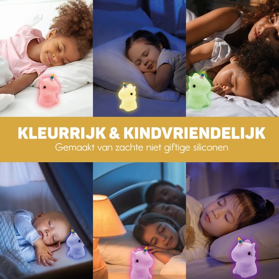 Verschiedene Kinder schlafen mit bunten, ungiftigen Silikon-Nachtlichtern in Einhornform.