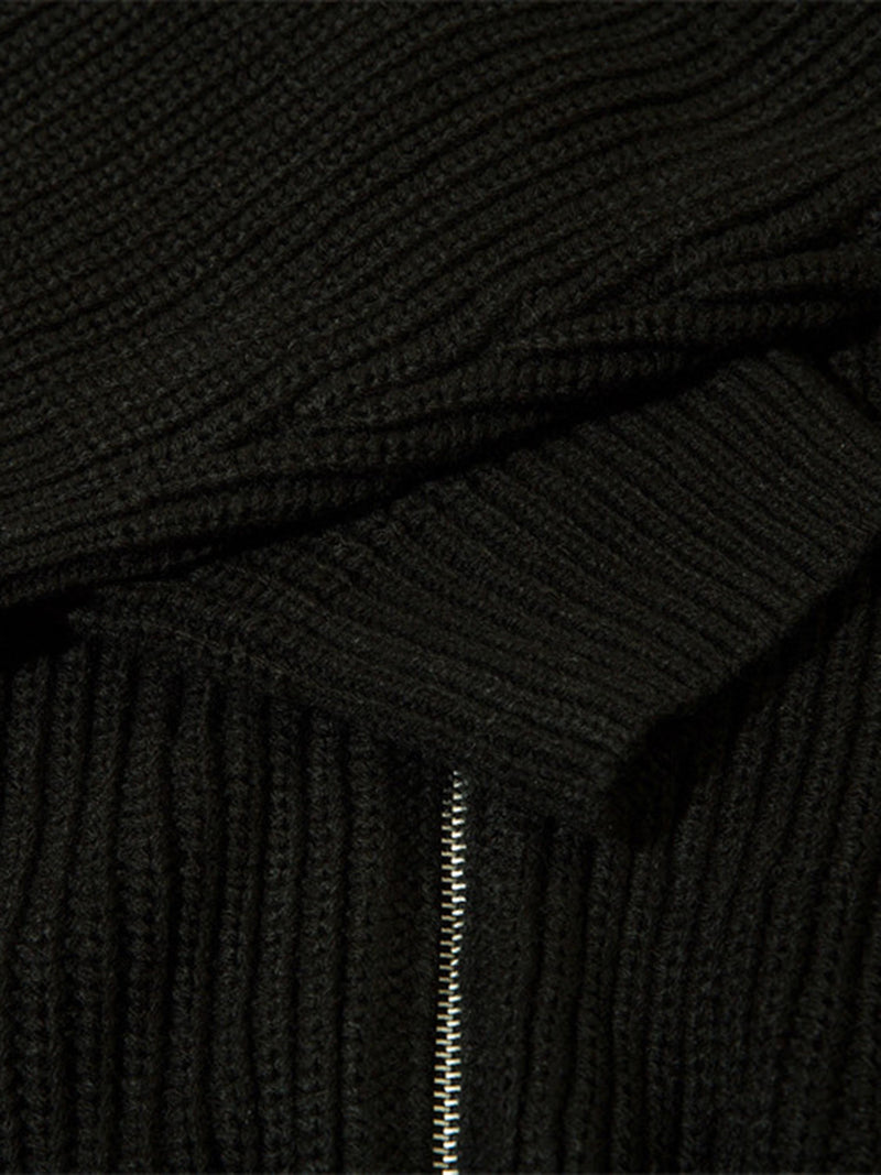 Schwarzer Strickpullover mit Reißverschluss, grobe Wolle, modisch, warm, Herrenbekleidung.