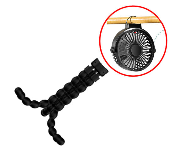 Schwarzer tragbarer Ventilator mit flexiblen Beinen, ideal für Kinderwagen oder Outdoor-Aktivitäten.