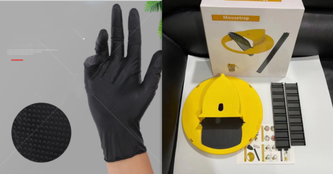 Schwarzer Nitrilhandschuh und gelbe Mausefalle mit Zubehör auf schwarzem Hintergrund.