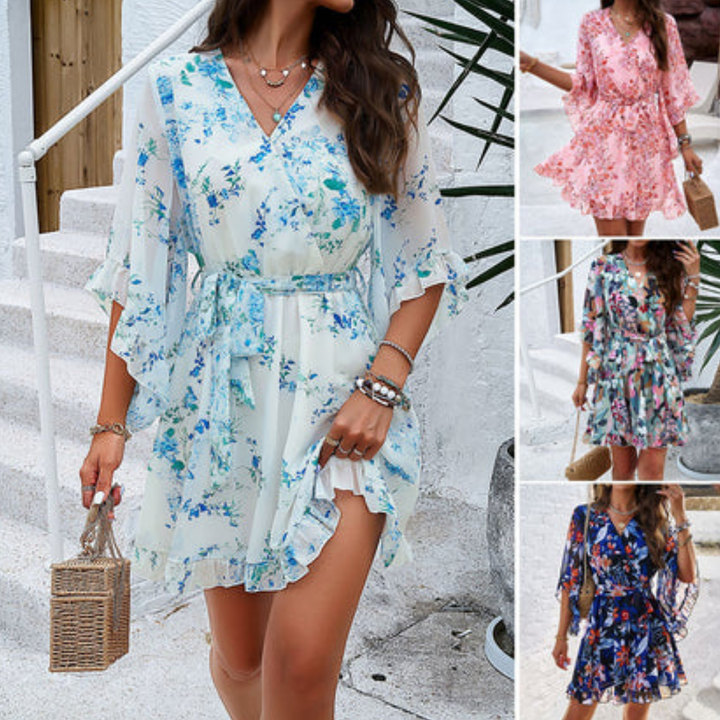 Herbstliches Minikleid mit Blumenmuster & Glockenärmeln – Liora