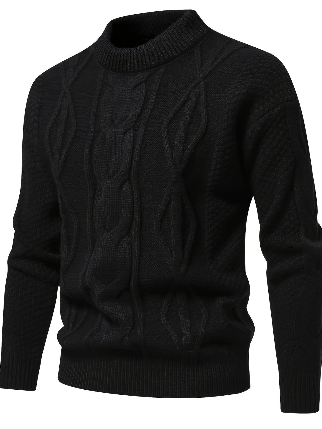 Schwarzer Herren Strickpullover, Zopfmuster, warm, modisch, Wintermode, Baumwolle.
