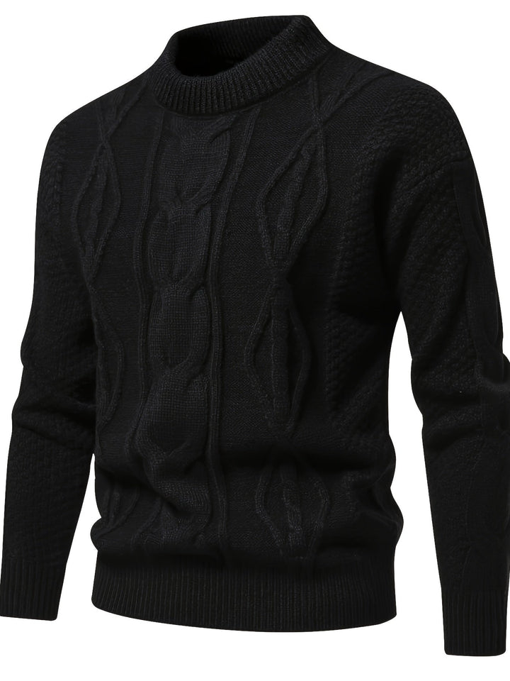 Schwarzer Herren Strickpullover, Zopfmuster, warm, modisch, Wintermode, Baumwolle.