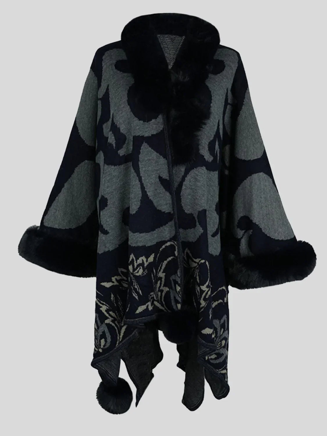 Damen-Poncho mit schwarzem und grauem Muster, Kunstpelzbesatz, elegant, warm, modisch.