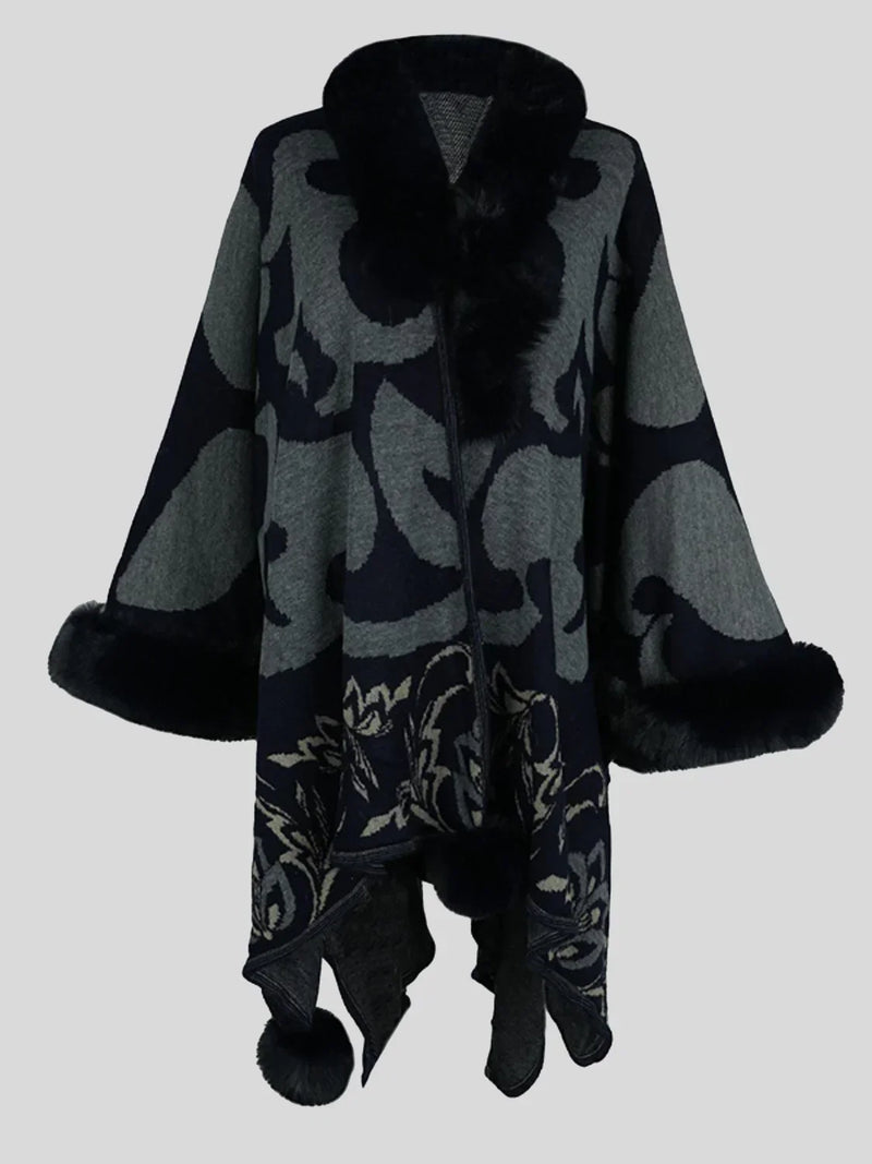 Damen-Poncho mit schwarzem und grauem Muster, Kunstpelzbesatz, elegant, warm, modisch.