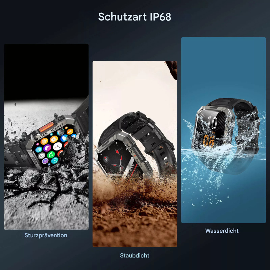 Robuste Smartwatch, IP68 wasserdicht, staubdicht, stoßfest, ideal für Outdoor-Aktivitäten.