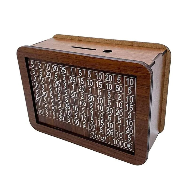 Holz-Sparbox mit Euro-Tabelle, braun, Geldgeschenk, Sparen, dekorative Spardose, 1000 Euro Ziel